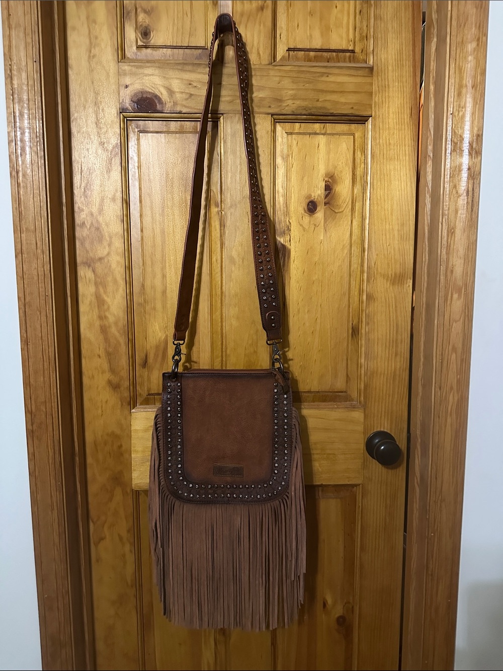 Wrangler Brown Fringe Crossbody Bag with Stud Accents Concealed Carry